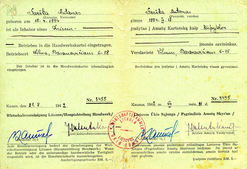 KKE 5745a.jpg - (niemiecko-litewski) Dok. Legitymacja właściciela zakładu Antoniego Graszko, Wilno, 21 VIII 1942 r.